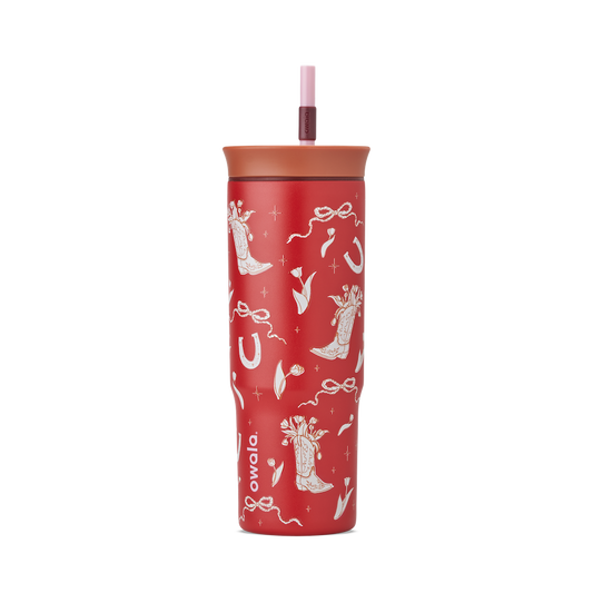 Owala Birthday Bash Marlu Giddy Up 24oz Tumbler in deep red with cream illustrated cowboy boots, horseshoes, ribbons, and stars, terracotta lid, and pink straw