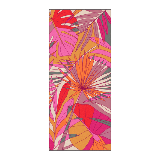 Owala Beach Towel in Tropic Like It's Hot; vibrant pink, orange, and red tropical leaf print