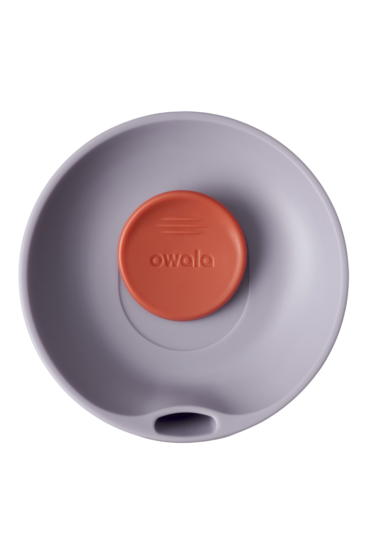 Owala SmoothSip Slider lid top-down view in Sugar High, gray lid with orange slider button and small sip hole visible